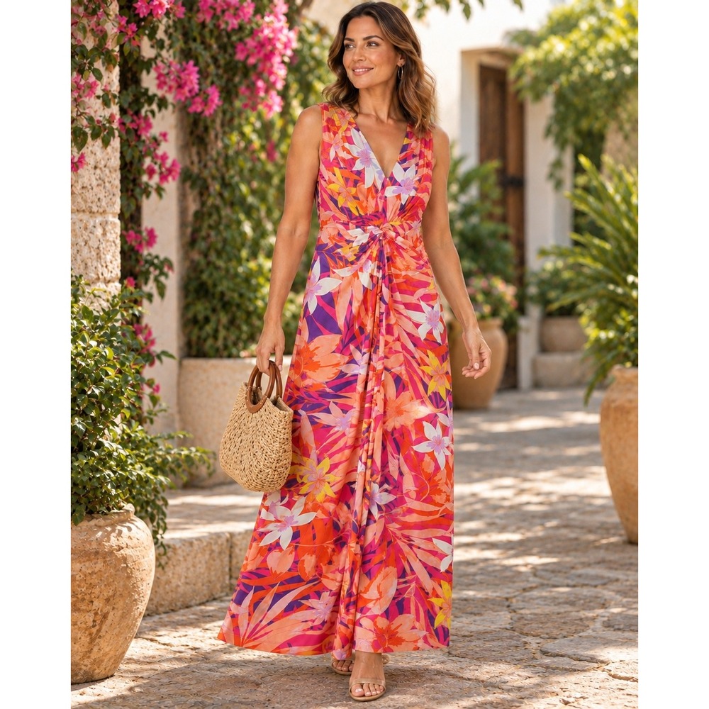 IMAN Global Chic Maxi Dress Womens LP Pink Orange Tropical Floral Twist Front